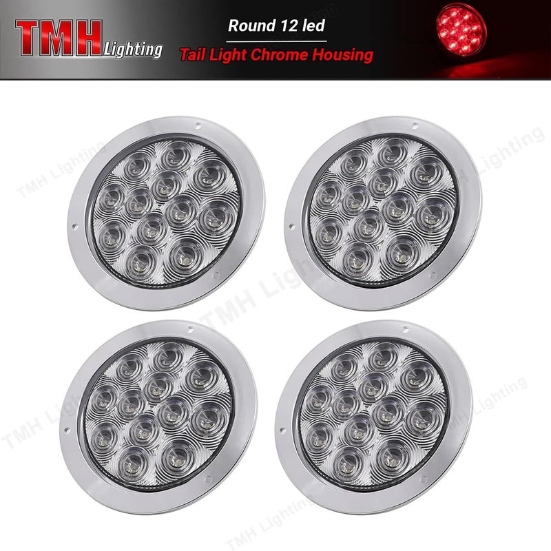 TMH (Pack of 4 Clear Lens Red LED 4 Inch Round Trailer Tail Lights with Chrome Bezel F3 Piranha 12 LED for Truck Bus Lorry Trailer 12V DC - Image 2